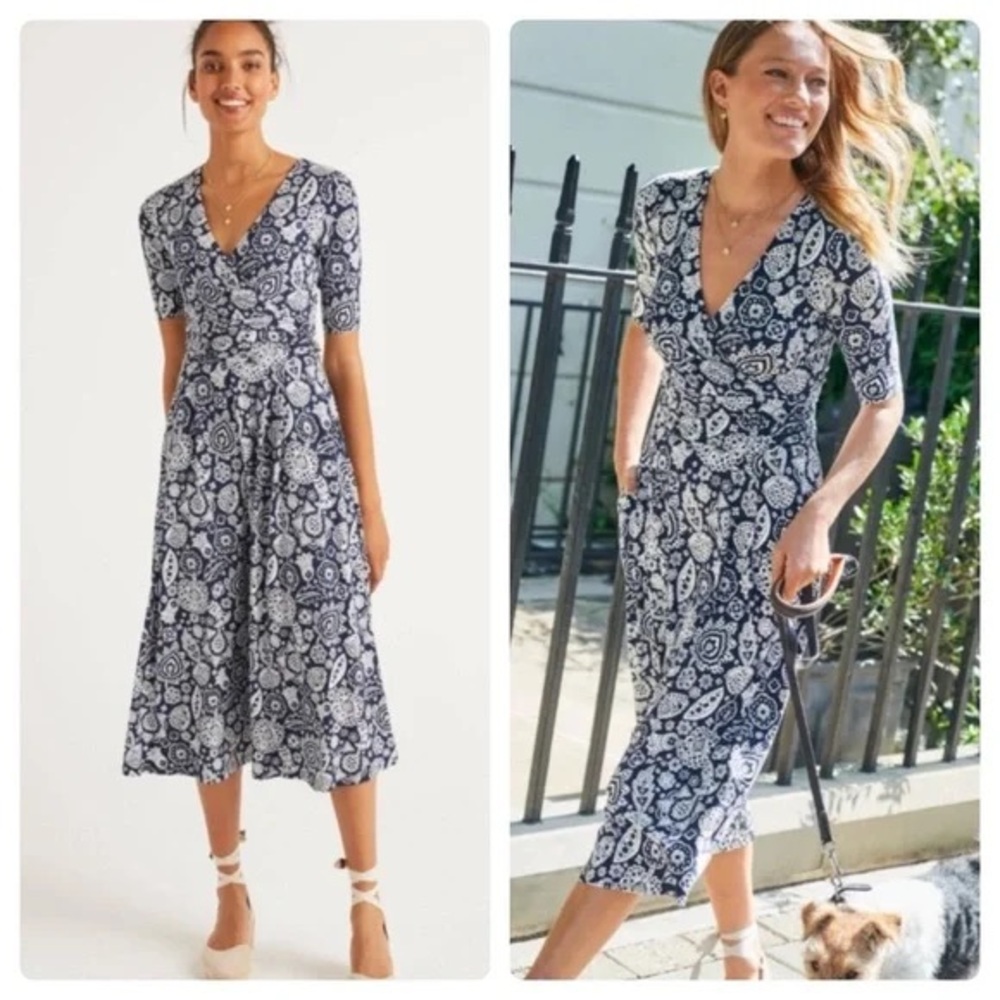 Boden Navy & White Paisley Wrap Midi Dress